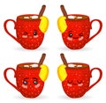 Kawaii cups. Reds. Winter patterns. Set of characters with chocolate and marshmallows/cups characters isolated on white background