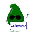 Kawaii cute avocado fruit character in sunglasses keeps the signboard welcome. Logo, template, design. Vector illustration, a flat