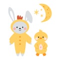 Kawaii cute bunny, rabbit a chicken costume and chicken, duckling with moon and stars. Happy Easter. Charming clipart Royalty Free Stock Photo