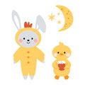 Kawaii cute bunny, rabbit a chicken costume and chicken, duckling with moon and stars. Happy Easter. Charming clipart Royalty Free Stock Photo