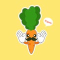 Kawaii and Cute carrot emoji character isolated on color background. Kawaii style fresh funny orange carrot and speach bubble