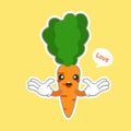 Kawaii and Cute carrot emoji character isolated on color background. Kawaii style fresh funny orange carrot and speach bubble