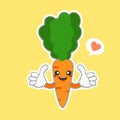 Kawaii and Cute carrot emoji character isolated on color background. Kawaii style fresh funny orange carrot and speach bubble