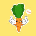 Kawaii and Cute carrot emoji character isolated on color background. Kawaii style fresh funny orange carrot and speach bubble