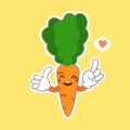 Kawaii and Cute carrot emoji character isolated on color background. Kawaii style fresh funny orange carrot and speach bubble