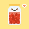 kawaii and cute cherry in jar. Canned fruits. Tinned goods product stuff, preserved food, supplied in a sealed can. Isolated.