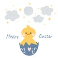 Kawaii cute chicken, duckling in eggshell with moon, stars and clouds. Happy Easter. Charming clipart for postcards