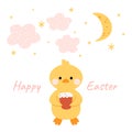 Kawaii cute chicken, duckling with moon, stars and clouds. Happy Easter. Charming clipart for postcards, prints, banners