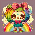 Kawaii cute colorful owl with big eyes, bows and stars Royalty Free Stock Photo