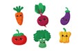 Kawaii cute emoji face on the vegetables, carrot, beetroot, eggplant, pepper, tomato, broccoli, for vegan or kid illustration