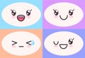 Kawaii cute faces on colorful backgrounds set. Manga style eyes and mouths, funny emotions Royalty Free Stock Photo