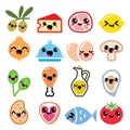 Kawaii cute food characters - meat, vegetables, diary icons set Royalty Free Stock Photo