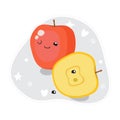 Kawaii cute fruit characters yellow apple and half red apple. Smiling character in cartoon style. Funny sticker. Vector Royalty Free Stock Photo