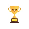 Kawaii and Cute Gold Trophy Vector Icon Illustration. Golden Goblet With Kawaii Face Sport Icon Concept White Isolated. Flat