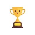 Kawaii and Cute Gold Trophy Vector Icon Illustration. Golden Goblet With Kawaii Face Sport Icon Concept White Isolated. Flat