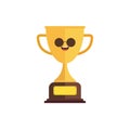 Kawaii and Cute Gold Trophy Vector Icon Illustration. Golden Goblet With Kawaii Face Sport Icon Concept White Isolated. Flat