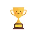 Kawaii and Cute Gold Trophy Vector Icon Illustration. Golden Goblet With Kawaii Face Sport Icon Concept White Isolated. Flat