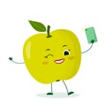 Kawaii cute green apple fruit cartoon character with a smartphone and does selfie. Logo, template, design. Vector