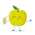 Kawaii cute green apple fruit cartoon fruit character holding a glass with juice. Logo, template, design. Vector Royalty Free Stock Photo