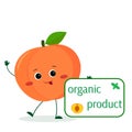 Kawaii cute peach fruit cartoon character holds a plate of organic foods. Logo, template, design. Vector illustration, a Royalty Free Stock Photo