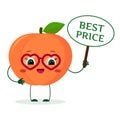 Kawaii cute peach fruit cartoon character in red heart glasses in the hands of the plate is the best price. Vector Royalty Free Stock Photo