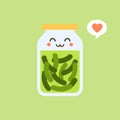 Kawaii and cute pickles in jar, isolated jar of pickled cucumbers. Marinated vegetables in can, homemade production full of Royalty Free Stock Photo