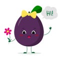 Kawaii cute plum purple fruit cartoon character with a pink bow holding a flower and welcomes. Logo, template, design. Vector