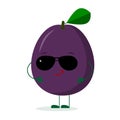 Kawaii cute plum purple fruit character in the style of a cartoon in sunglasses. Logo, template, design. Vector illustration, a