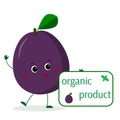 Kawaii cute purple plum cartoon character holds a plate of organic foods. Logo, template, design. Vector illustration, a flat
