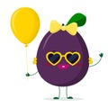 Kawaii cute purple plum cartoon character sunglasses hearts and earrings. Holds a red air balloon. Logo, template, design. Vector Royalty Free Stock Photo