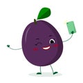 Kawaii cute purple plum fruit cartoon character with a smartphone and does selfie. Logo, template, design. Vector illustration, a