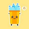 kawaii and cute Recycle Bin Cartoon Mascot Character Full With plastic Garbage . Vector Illustration Isolated On color Background