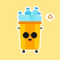 kawaii and cute Recycle Bin Cartoon Mascot Character Full With plastic Garbage . Vector Illustration Isolated On color Background