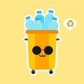 kawaii and cute Recycle Bin Cartoon Mascot Character Full With plastic Garbage . Vector Illustration Isolated On color Background