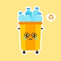 kawaii and cute Recycle Bin Cartoon Mascot Character Full With plastic Garbage . Vector Illustration Isolated On color Background