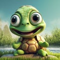 Kawaii cute smiling turtle on the rock by the lake