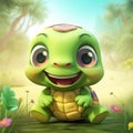 Kawaii cute smiling turtle sitting on the grass