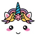 Kawaii cute unicorn face rainbow pastel color with flower