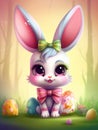 Kawaii cute white easter bunny girl with big pink ears and easter eggs in the forest