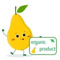 Kawaii cute yellow pear fruit cartoon character holds a plate of organic foods. Logo, template, design. Vector Royalty Free Stock Photo