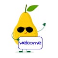 Kawaii cute yellow pear fruit character in sunglasses keeps the signboard welcome. Logo, template, design. Vector