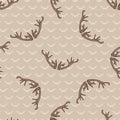 Kawaii deer antler seamless pattern. Hoof print flat color background. Hand drawn forest animal horn doodle style. For