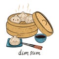 Kawaii dim sum in bamboo steamer isolated on white background. Vector graphics Royalty Free Stock Photo