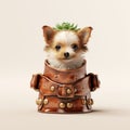 Kawaii Dog In Leather Jacket With Cactus - Handmade Pottery Design Royalty Free Stock Photo