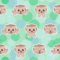 Kawaii doodle hedgehogs seamless pattern on green background, cute mammal animals, lovely cartoon drawing pets, editable vector