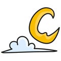 Kawaii doodle image of crescent moon and cloudy clouds at night. doodle icon image