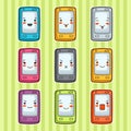 Kawaii doodle mobile phones set. Illustration of gadgets with various facial expression