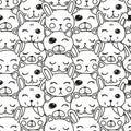 Kawaii doodle pets black and white seamless, cute domestic animals, lovely cartoon drawing cat, dog, puppy, bunny, editable vector Royalty Free Stock Photo