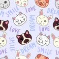 Kawaii doodle pets seamless pattern on purple background, cute domestic animals, lovely cartoon drawing cat, dog, puppy, bunny, Royalty Free Stock Photo