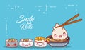 Kawaii dumpling in sauce shushi rice soup food japanese cartoon, sushi and rolls